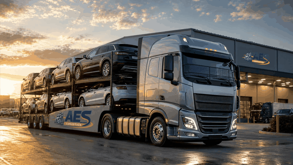 AES Logistics car carrier truck loaded with vehicles at sunrise