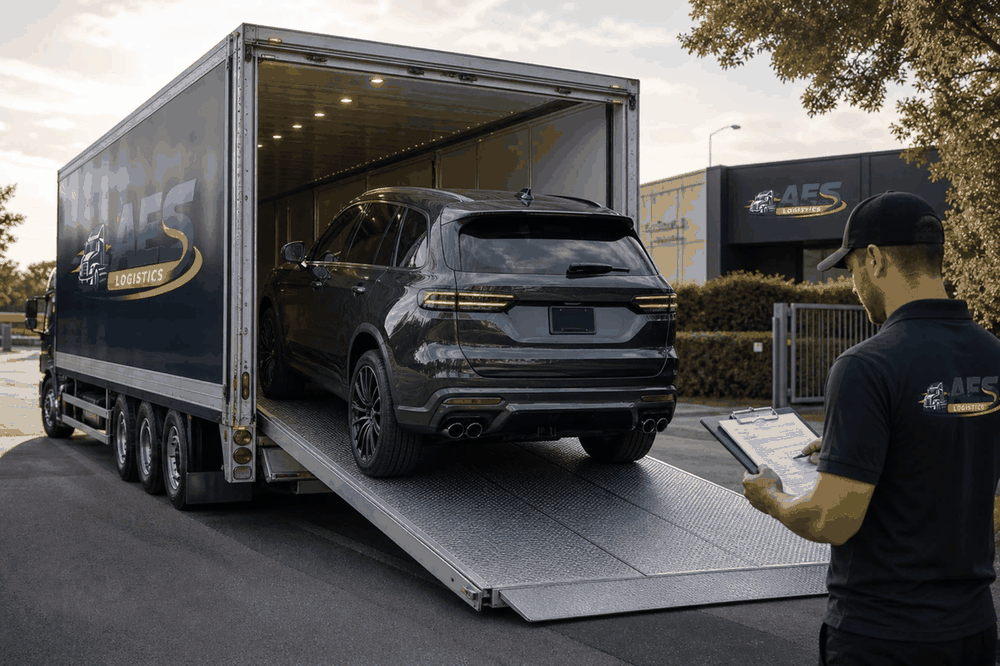 AES Logistics vehicle delivery truck unloading an SUV